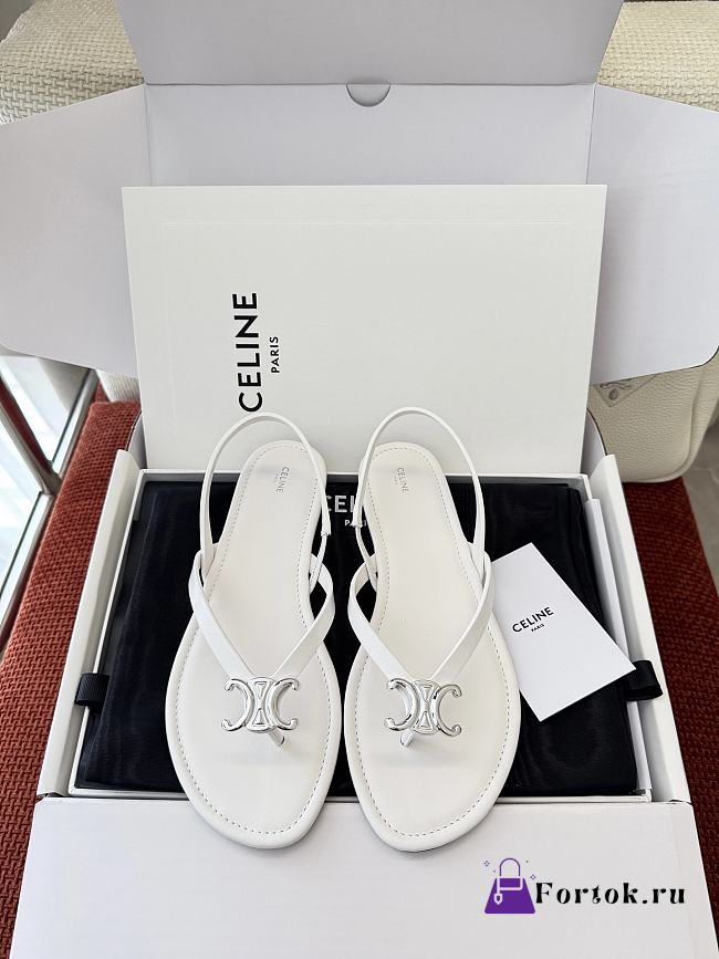 Fortok Celine Bay Triomphe Thong Sandals White Calfskin - 1