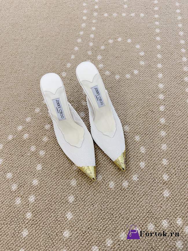 Fortok Jimmy Choo White Lace-trimmed Gold Pointed-toe Mules 10cm - 1