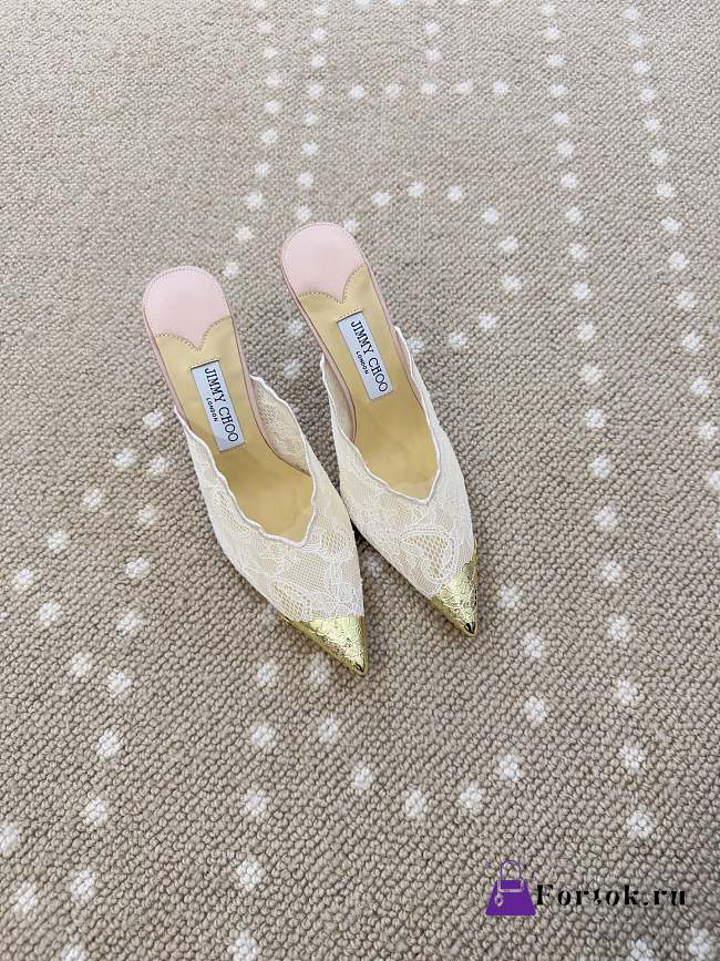Fortok Jimmy Choo White/Pink Lace-trimmed Pointed-toe Mules 10cm - 1