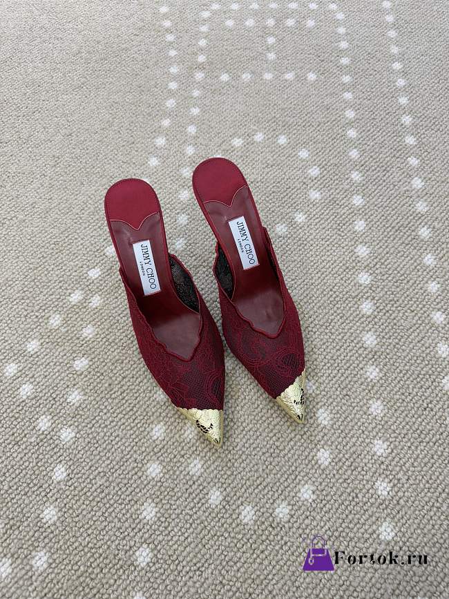 Fortok Jimmy Choo Burgundy Lace-trimmed Pointed-toe Mules 10cm - 1