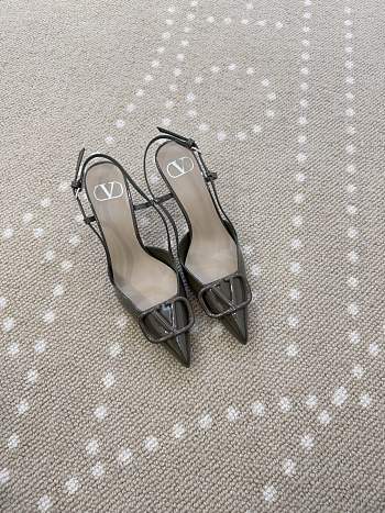 Fortok Valentino Patent Leather Slingback Pumps Olive Brown 8cm