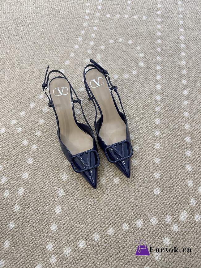 Fortok Valentino Patent Leather Slingback Pumps Navy Blue 8cm - 1