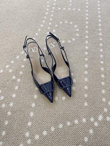 Fortok Valentino Patent Leather Slingback Pumps Navy Blue 8cm