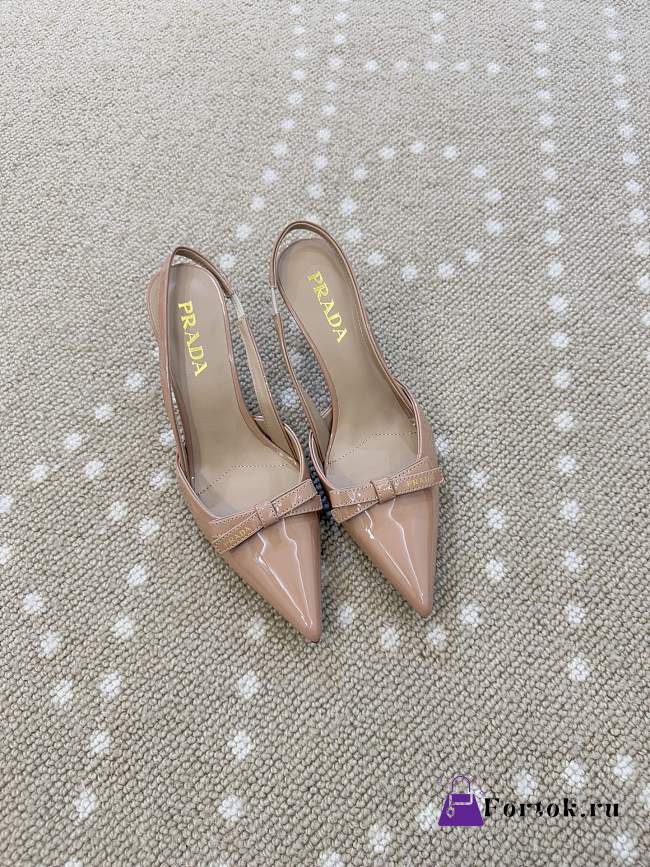 Fortok Prada Slingback Pumps Pointed Toe Bow Patent Leather Beige 8.5cm - 1