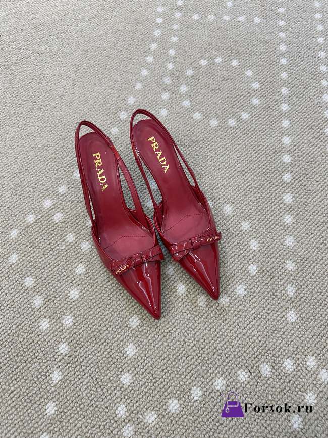Fortok Prada Slingback Pumps Pointed Toe Bow Patent Leather Red 8.5cm - 1