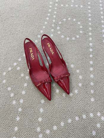 Fortok Prada Slingback Pumps Pointed Toe Bow Patent Leather Red 8.5cm