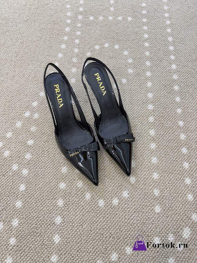 Fortok Prada Slingback Pumps Pointed Toe Bow Patent Leather Black 8.5cm - 1