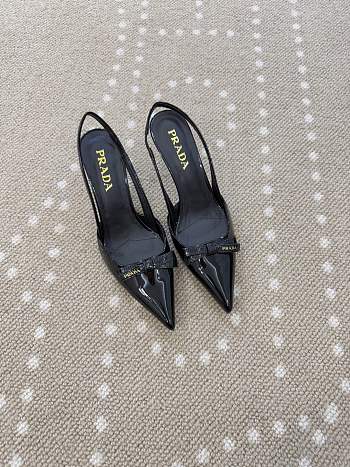 Fortok Prada Slingback Pumps Pointed Toe Bow Patent Leather Black 8.5cm