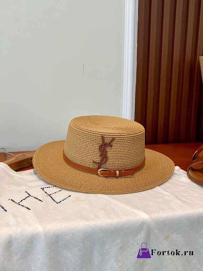 Fortok Saint Laurent Woven Straw Boater Hat Buckled Strap  - 1