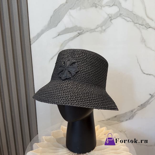 Fortok Tory Burch Woven Straw Bucket Hat Black - 1