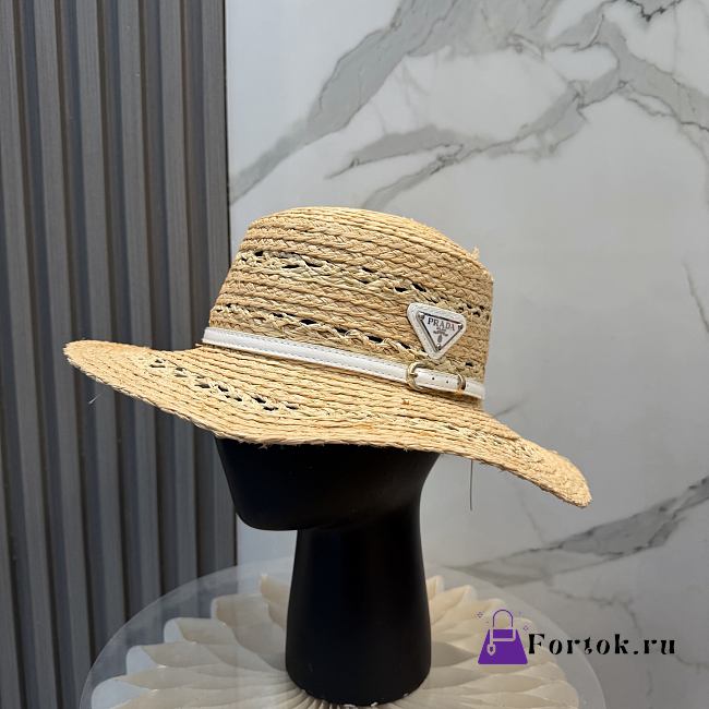 Fortok Prada Woven Raffia Boater Hat White Leather Band - 1