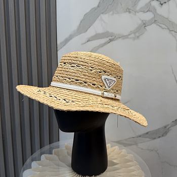 Fortok Prada Woven Raffia Boater Hat White Leather Band