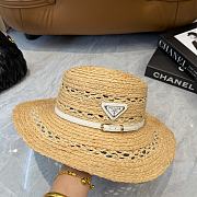 Fortok Prada Woven Raffia Boater Hat White Leather Band - 5