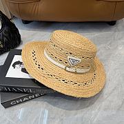 Fortok Prada Woven Raffia Boater Hat White Leather Band - 2