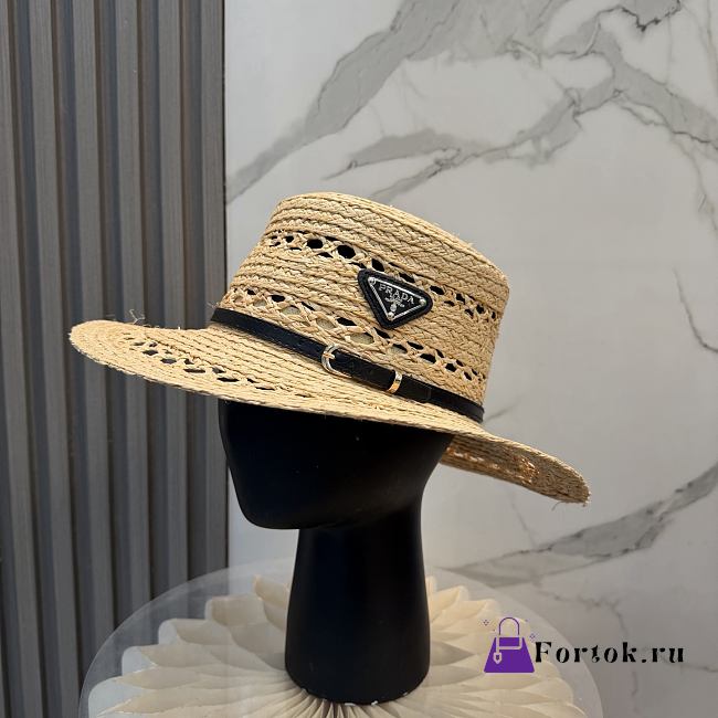 Fortok Prada Woven Raffia Boater Hat Black Leather Band - 1
