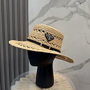 Fortok Prada Woven Raffia Boater Hat Black Leather Band - 1