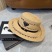 Fortok Prada Woven Raffia Boater Hat Black Leather Band - 5