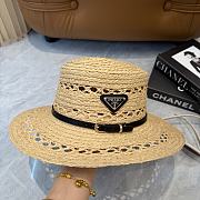 Fortok Prada Woven Raffia Boater Hat Black Leather Band - 3