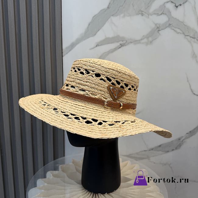Fortok Prada Woven Raffia Boater Hat Brown Leather Band - 1