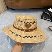 Fortok Prada Woven Raffia Boater Hat Brown Leather Band - 2