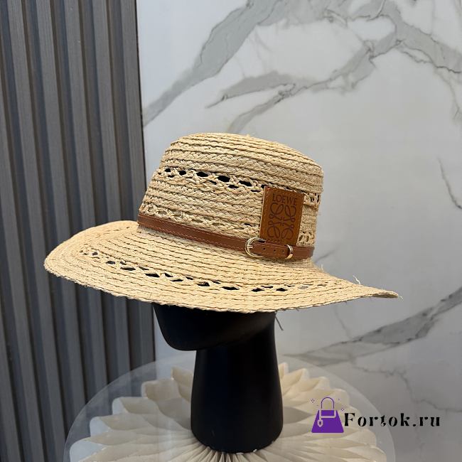 Fortok Loewe Woven Raffia Boater Hat Brown Leather Band - 1