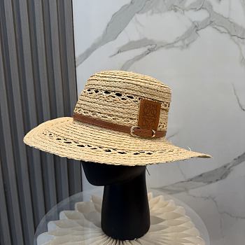 Fortok Loewe Woven Raffia Boater Hat Brown Leather Band