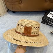 Fortok Loewe Woven Raffia Boater Hat Brown Leather Band - 4