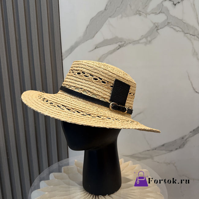 Fortok Loewe Woven Raffia Boater Hat Black Leather Band - 1