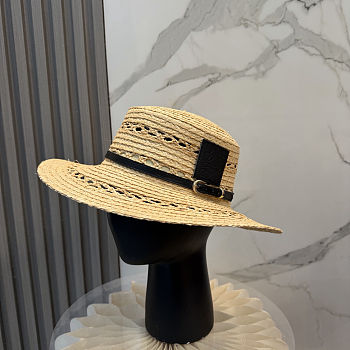 Fortok Loewe Woven Raffia Boater Hat Black Leather Band