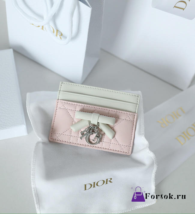 Fortok Dior Cannage Lambskin Lady Dior Freesia Card Holder Light Pink/White 10.5x8x0.5cm - 1