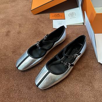Fortok Hermès Lilia Ballet Flats Metallic Silver 
